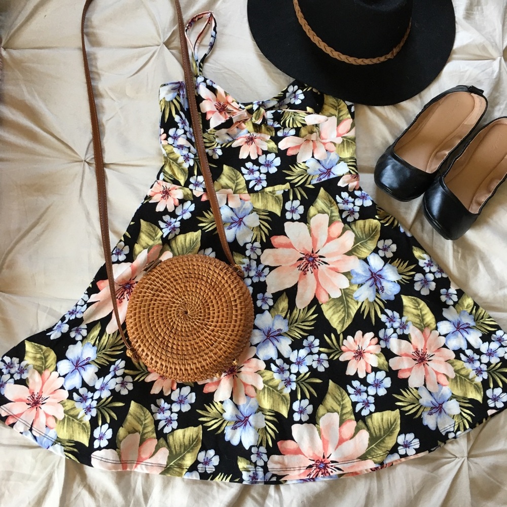 Black Pastel Tie-Front Floral Dress